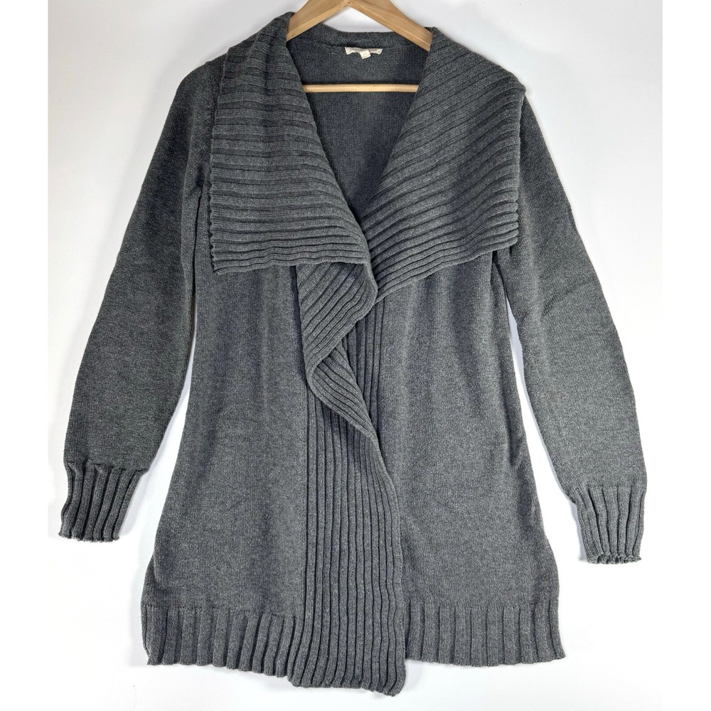 Eileen Fisher XS Organic Cotton Tunic Cardigan Sweater Gray Ribbed Shawl Collar